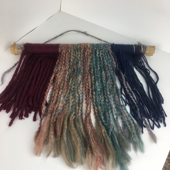 Boho Yarn Tapestry Bamboo Wall Hanging Blue Burgandy Rainbow Hand Crafted - Picture 8 of 9